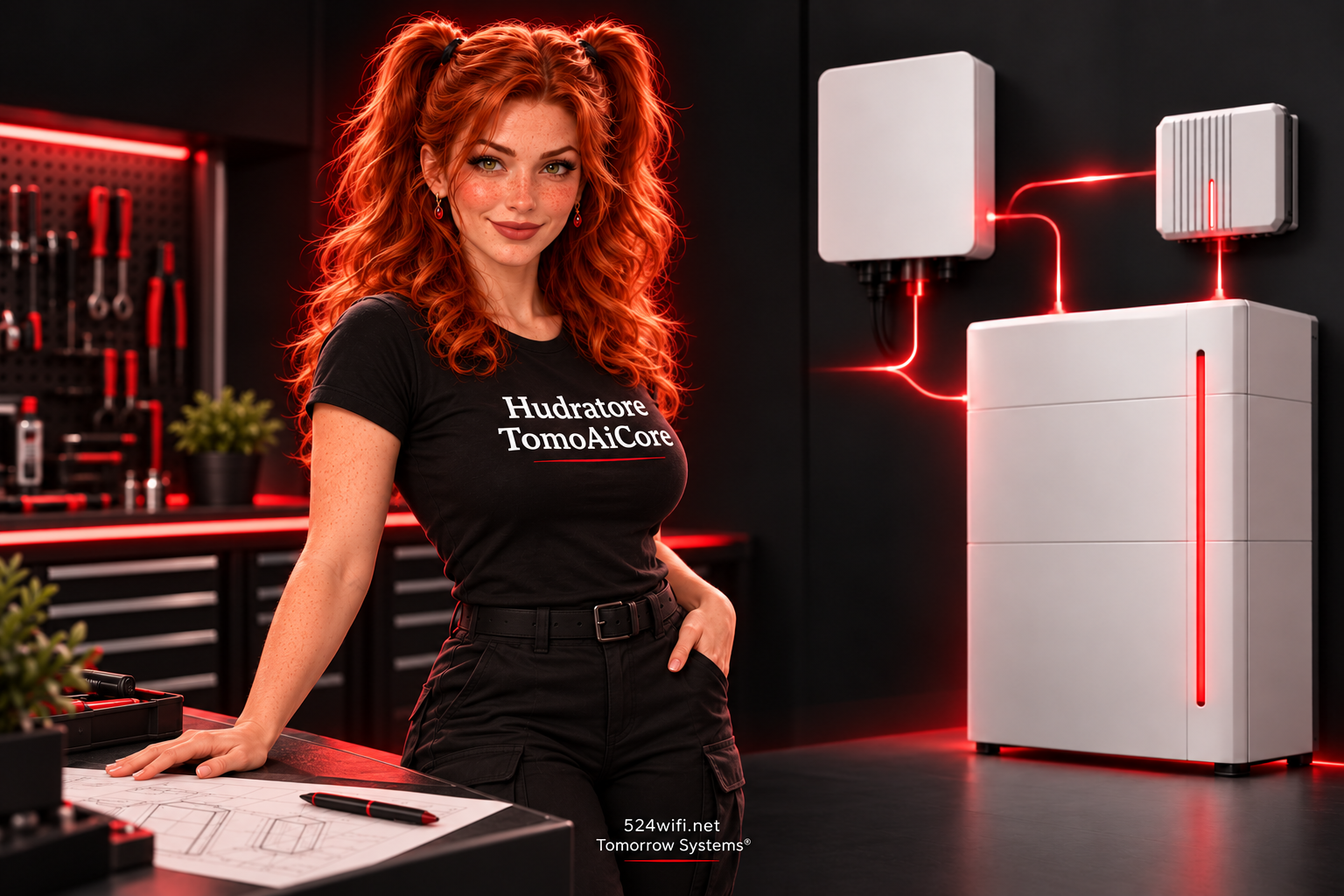 Tomo standing upright beside a workbench in the project’s energy technology studio